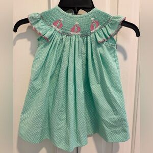Classic Whimsy Mint Green Sailboat Smocked girls dress